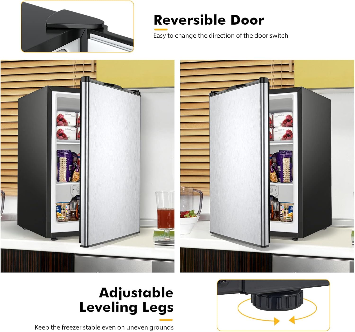 COSTWAY Compact Single Door Upright Freezer - Mini Size with Stainless Steel Door - 3.0 CU FT Capacity - Adjustable