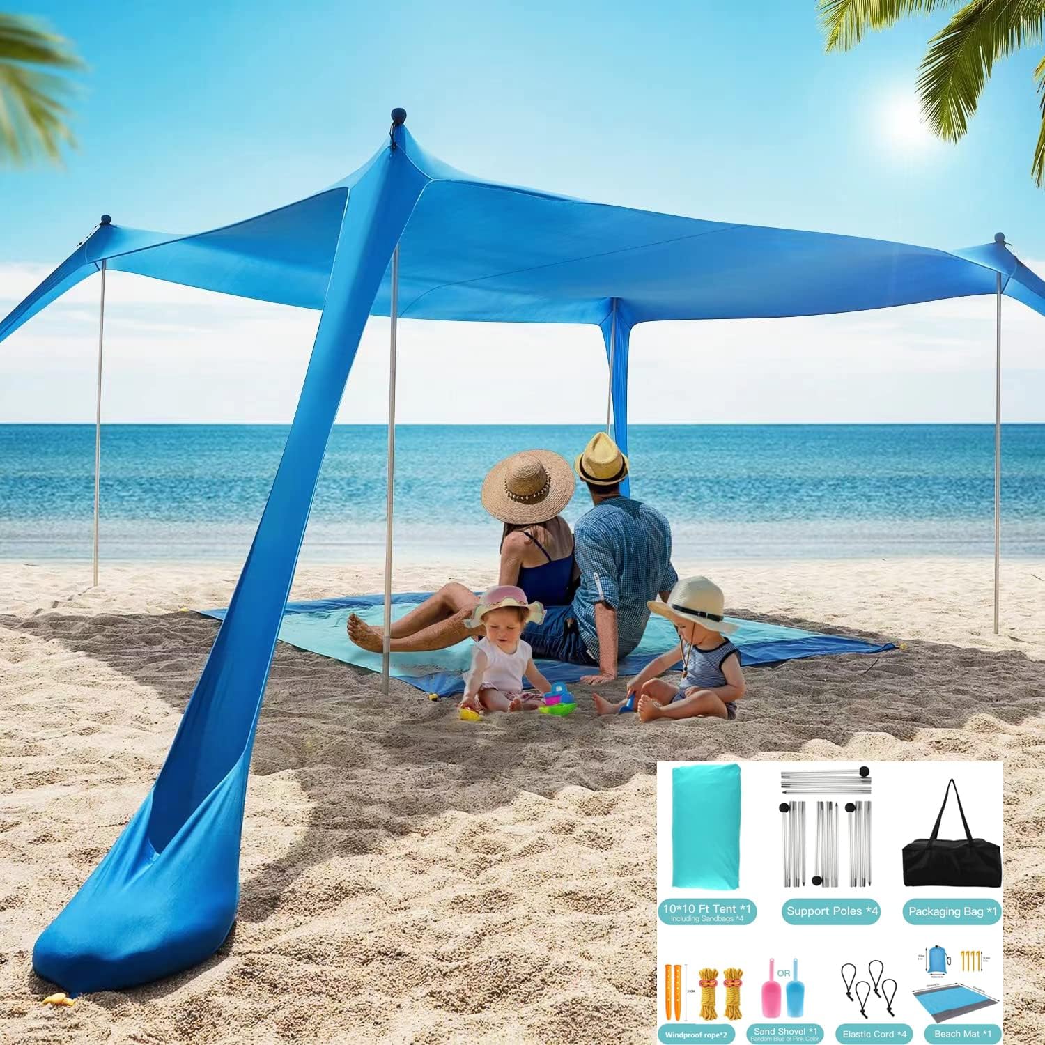 Beach Tent Sun Shade UPF50+ - Pop Up Beach Canopy Sun Shelter with 4 Foldable Stability Poles,Carry Cag, 2 Windbreak Cords,Ground Pegs and 1 Shovel,10&times;10FT in Beach Blanket for Outdoor Family Camping