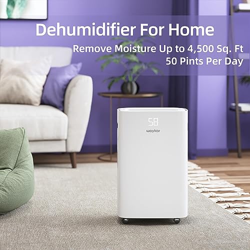 Waykar 50 Pints Dehumidifier for Home, 4500 Sq. Ft Dehumidifiers for Basement with Drain Hose, Auto-Defrost and Dry Clothes Function, Intelligent Humidity Control