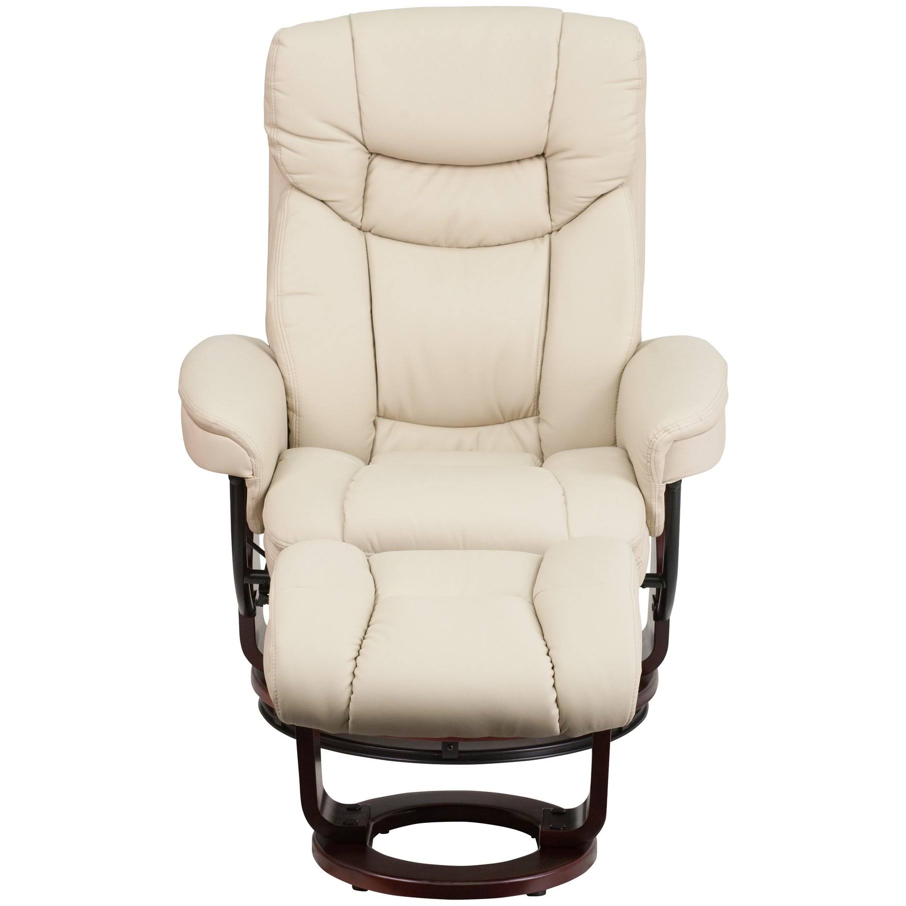 Flash Furniture Contemporary Multi Position Recliner And Curved Ottoman With Swivel Mahogany Wood Base - Beige