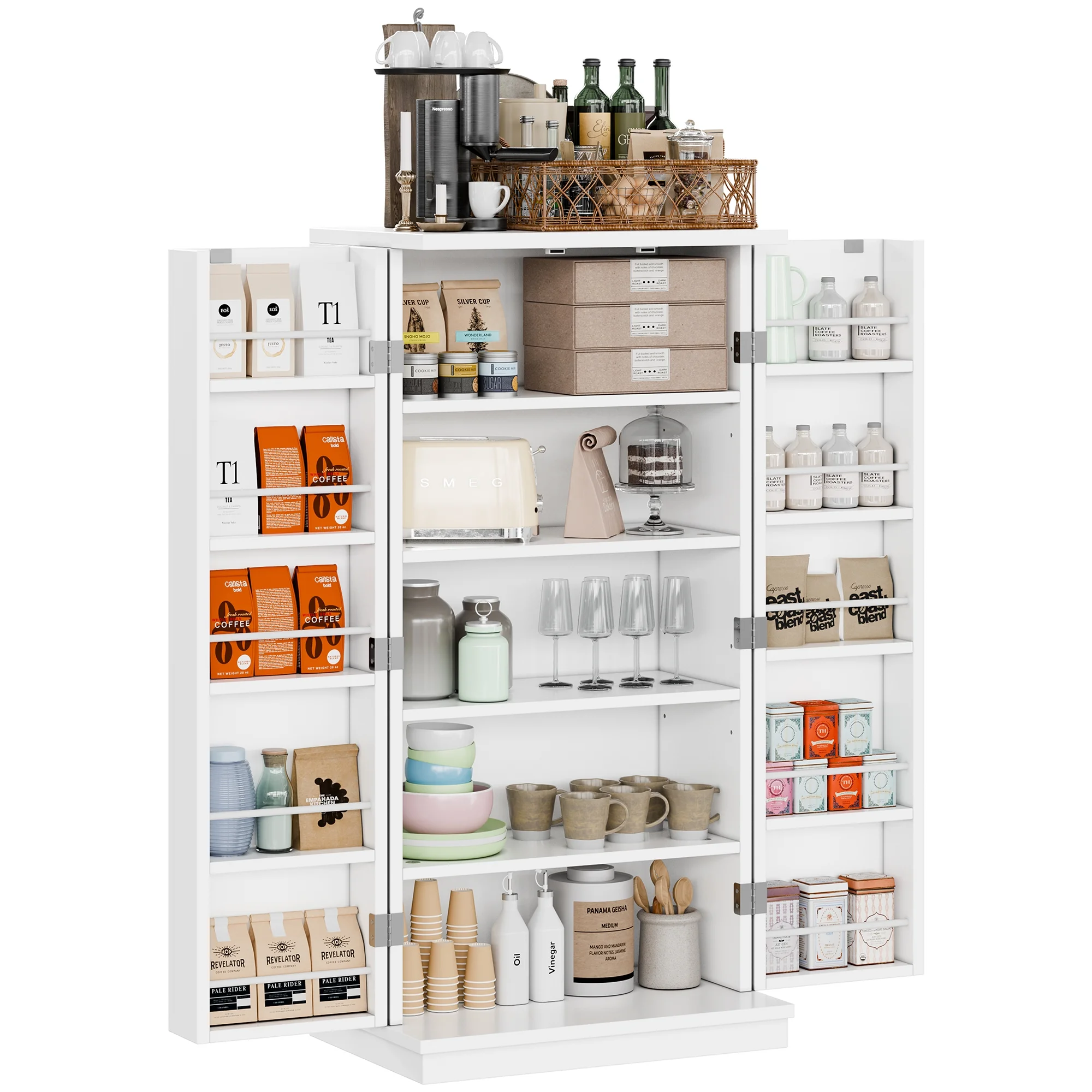 Walsunny 47" Kitchen Pantry Farmhouse Storage Cabinet with Adjustable Shelves, Racks and Doors Freestanding Kitchen Hutch Cupboard White - Curated Treasures Market