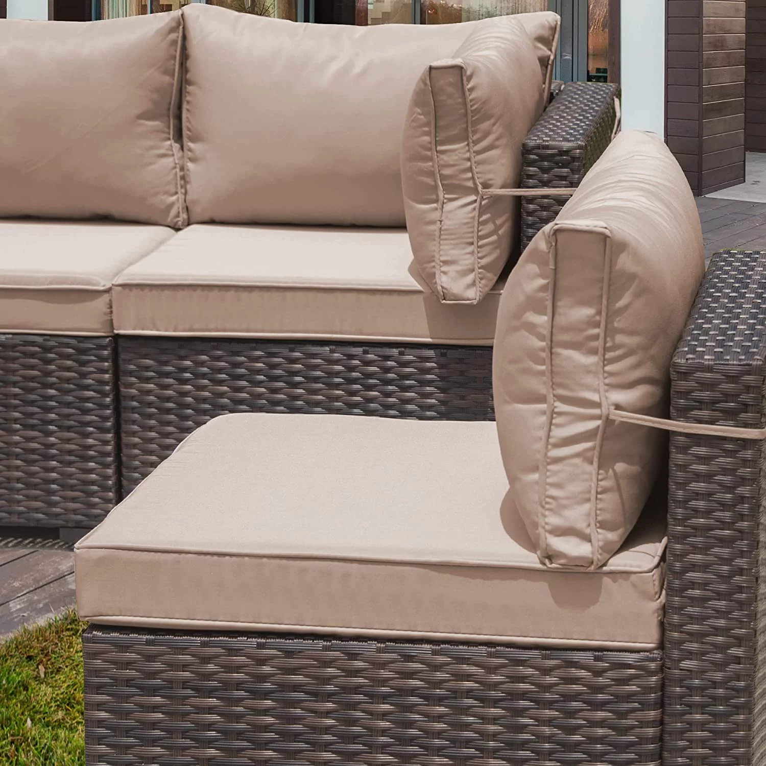 Popular Outdoor Patio Furniture Set  14 Pieces Outdoor Furniture All Weather Patio Sectional Sofa PE Wicker Modular Conversation Sets with Coffee Table 12 Chairs &amp; Seat Clips(Sand)