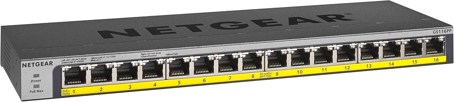 NETGEAR 16-Port Gigabit Ethernet Unmanaged PoE Switch (GS116PP) - with 16 x PoE+ @ 183W, Desktop, Wall Mount or Rackmount, and Limited Lifetime Protection