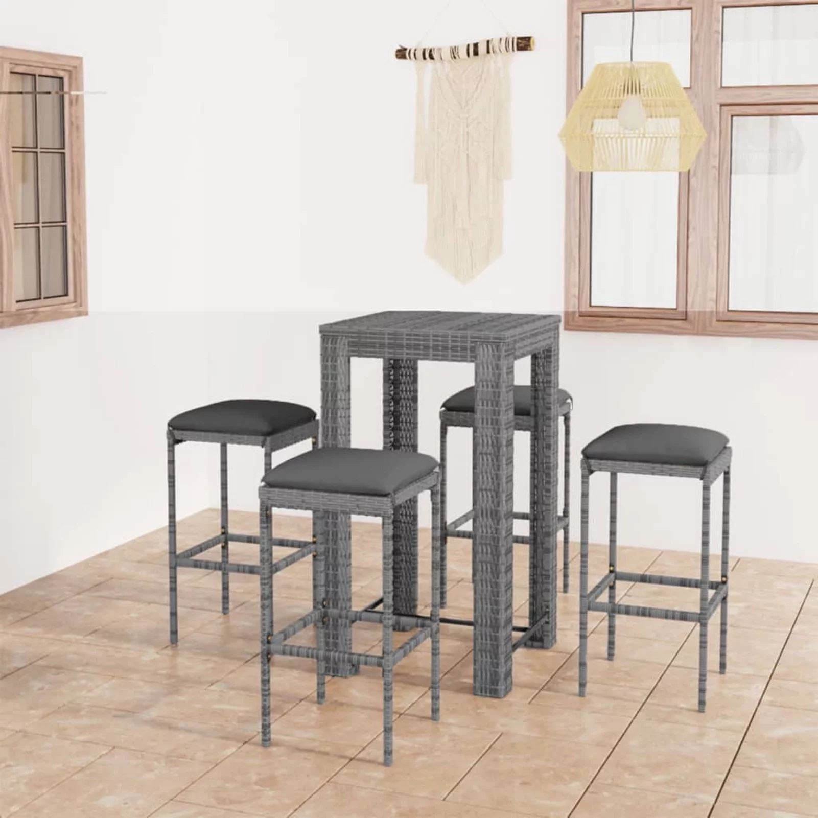 Walmeck 5 Piece Patio Bar Set with Cushions Poly Rattan Gray - Curated Treasures Market