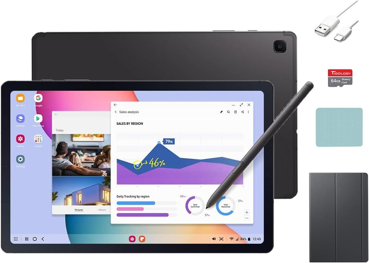 Samsung Galaxy Tab S6 Lite 10.4" 64GB Android Tablet, S Pen Included, Slim Metal Design, AKG Dual Speakers, Long Lasting Battery, Gray with Accessories