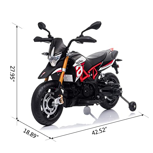 TOBBI 12V Aprilia Licensed Kids Ride-On Motorcycle Dirt Bikes for Kids with Training Wheels, Spring Suspension, Lights, Music Story USB MP3 (Red)
