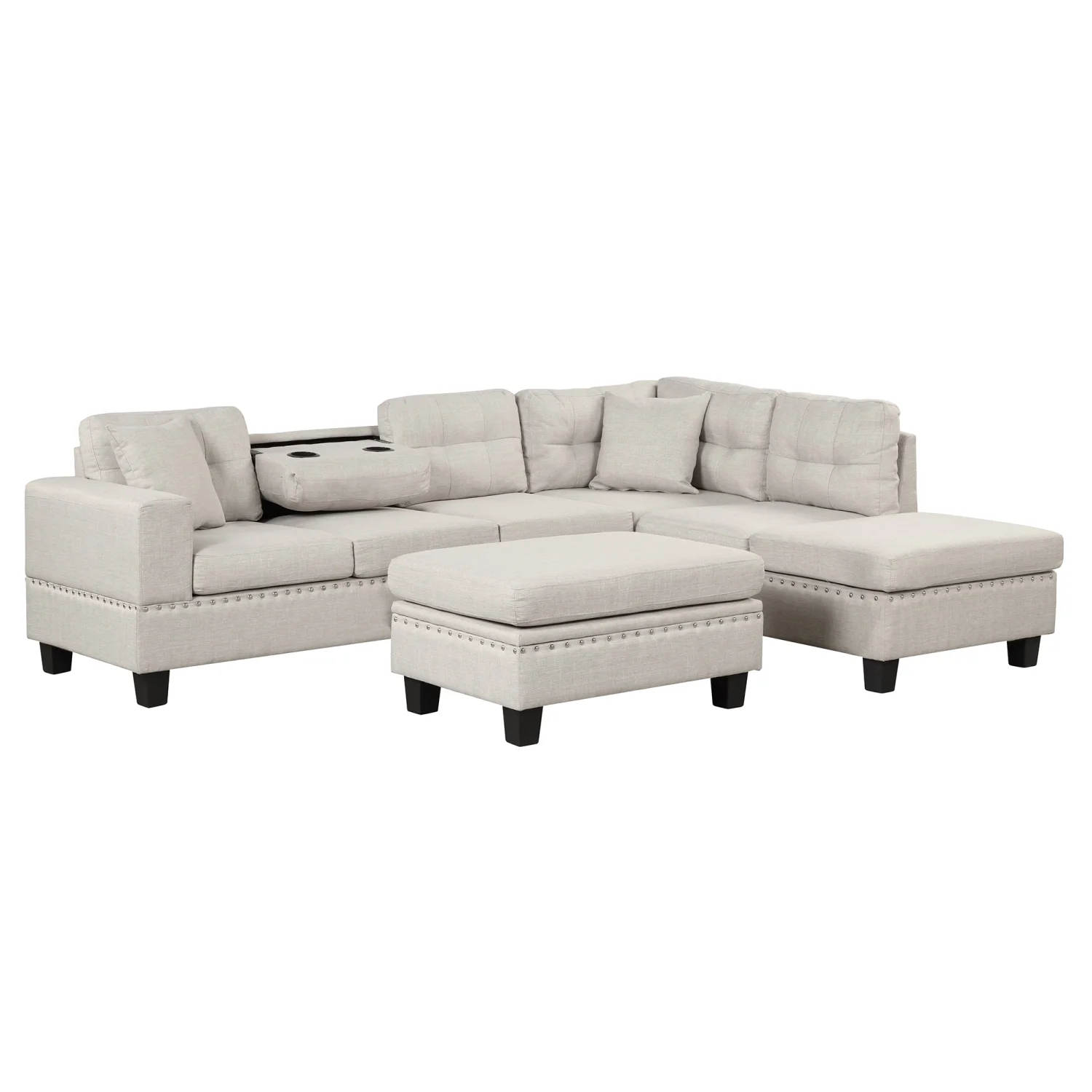 Stylish Modern Light Gray L-Shape Sectional Sofa with Storage Ottoman  Reversible Chaise  2 Pillows  and Cup Holder - 105” Length for Living Room Comfort and Convenience - Curated Treasures Market
