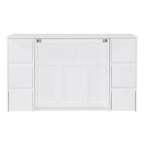 Twin Size Murphy Beds with Charging Station and Storage Drawers, Wood Cabinet Bed Frame, Wall Bed with Outlet & USB Ports for Home Office Studio, White