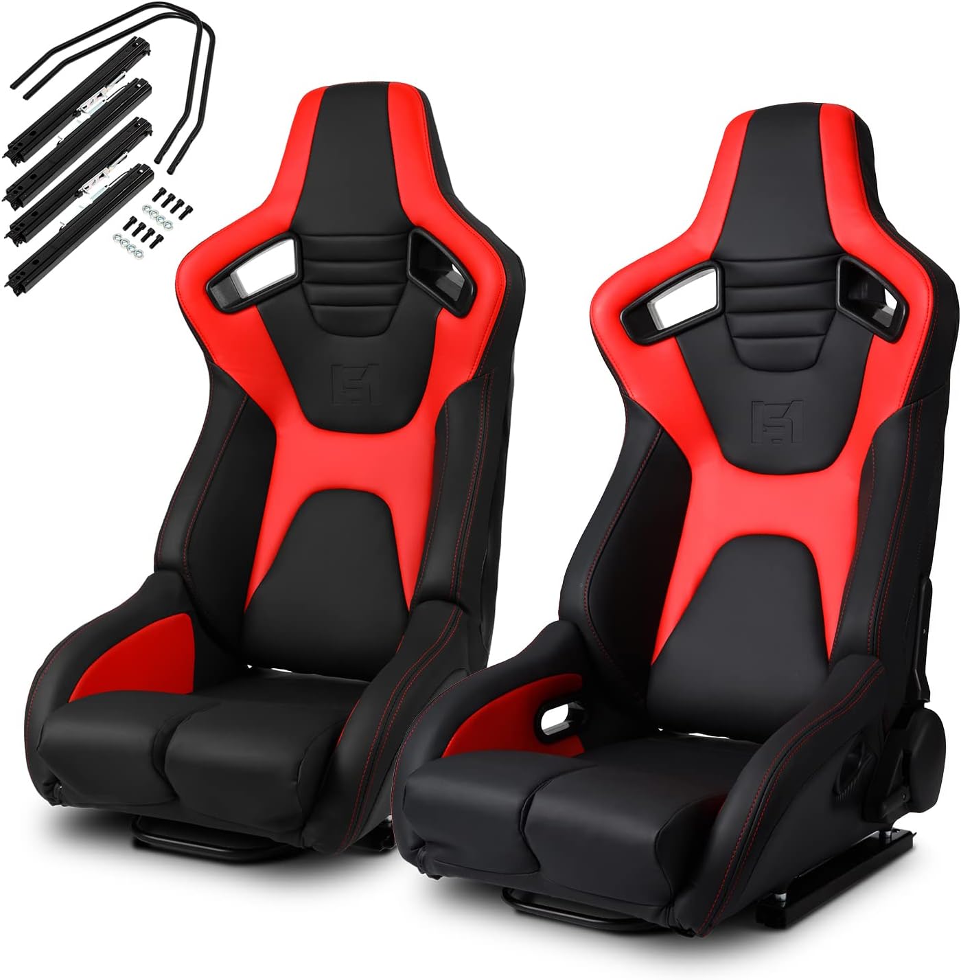 ModifyStreet Universal Black+Blue PVC Carbon Fiber Leather Reclinable Racing Seats Pair - Venom Series