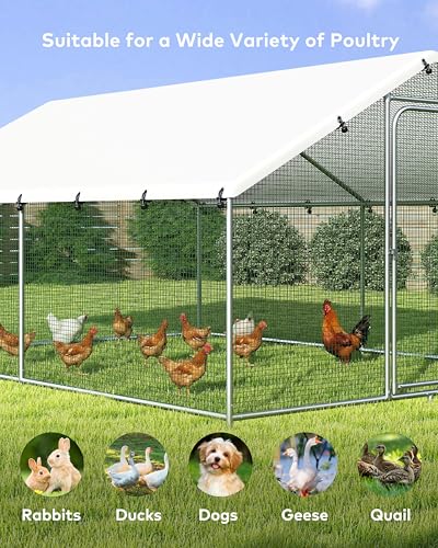 Large Metal Chicken Coop Run with Spire Roof – Outdoor Poultry Cage with Waterproof & UV-Resistant Cover for Chickens, Ducks, Rabbits, and Hens in Yard or Farm Use(8.9’ W x 11.8’ L x 6.6’ H)