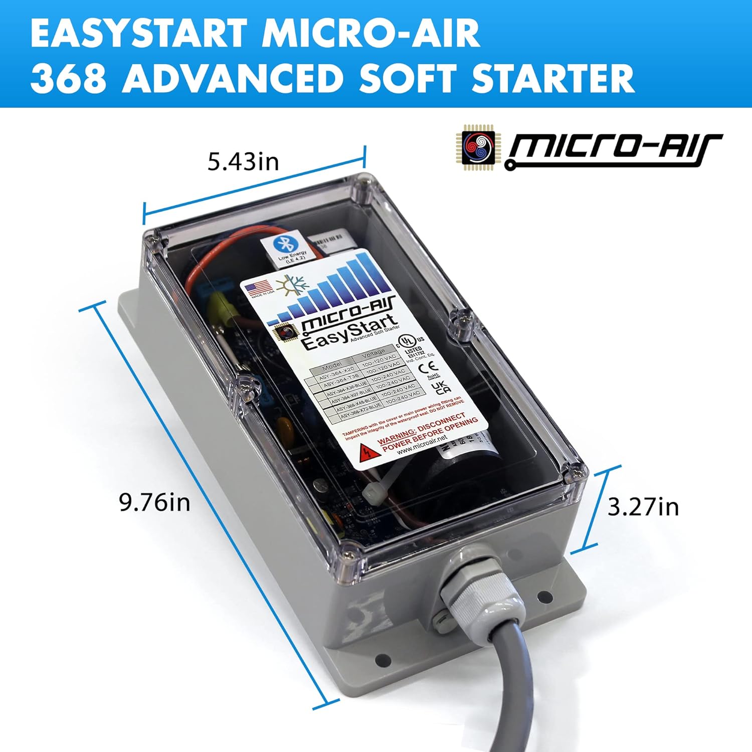 EasyStart Micro-Air 368 Advanced Soft Starter (ASY-368-X72-BLUE), Air Conditioner Soft Start Works with Generator, Start Air Conditioners at Less Power 6 Ton Compressor