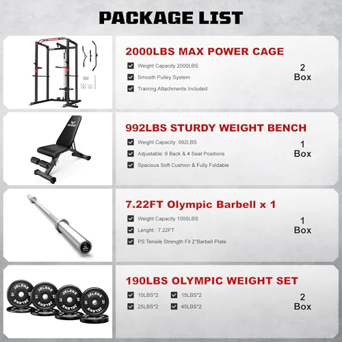 Power Cage, 2000LBS Multi-Function S11 Power Rack with LAT Pulldown, Squat Rack with Adjustable Pulley System and More Training Attachments, Weight Workout Machine for Home Gym