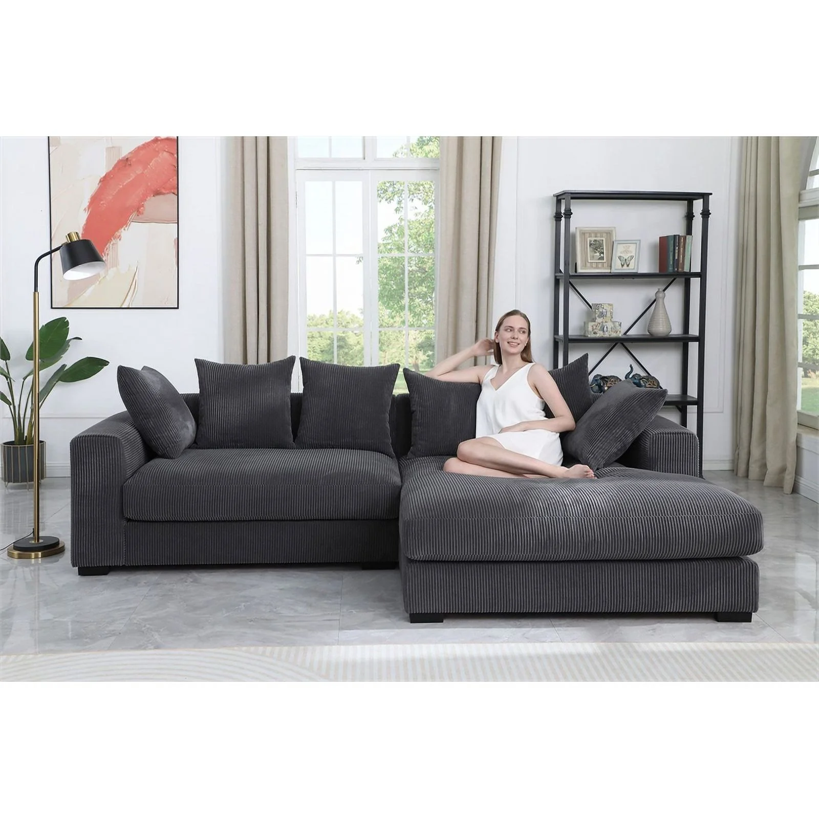 3 - Piece Upholstered Corduroy  Sectional Sofa With Chaise- Dark Gray