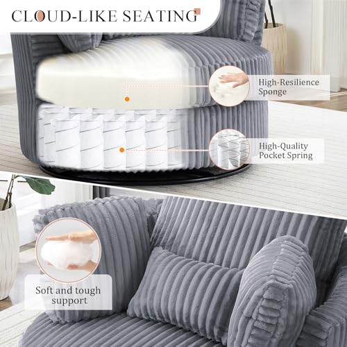 Chair and A Half with Ottoman, 360° Swivel Accent Barrel Chair Modern Comfy Round Reading Sofa Swivel Chairs Circle Lounge Chair for Bedroom Living Room w/4 Pillow Lower Seating Heigh (White, Large)