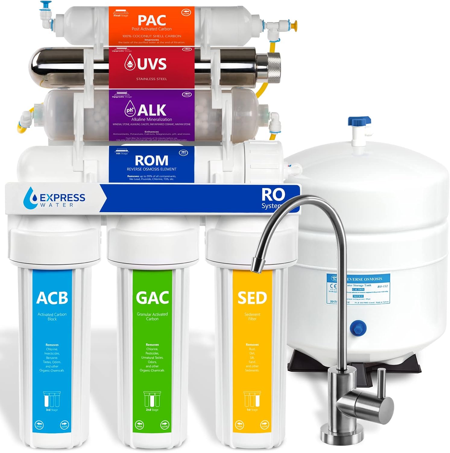 EXPRESS WATER UV Reverse Osmosis Water Filtration System & iSpring RCC7AK, NSF Certified 75 GPD, Alkaline 6-Stage Reverse Osmosis System