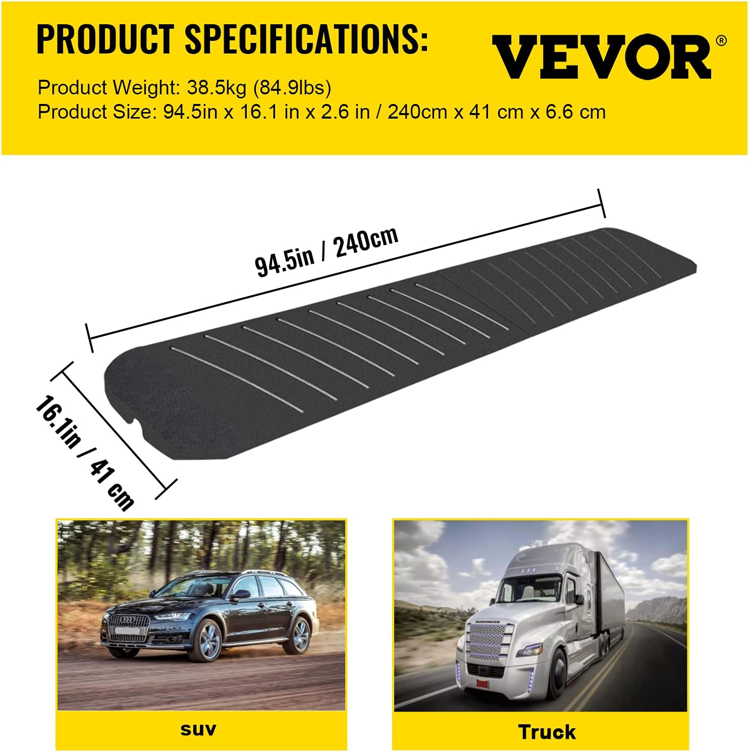 VEVOR Curb Ramp, 2 Pack Rubber Driveway Ramps, Heavy Duty 32000 lbs Weight Capacity Threshold Ramp, 2.6 inch High Curbside Bridge Ramps for Loading Dock Garage Sidewalk, Expandable Full Ramp Set
