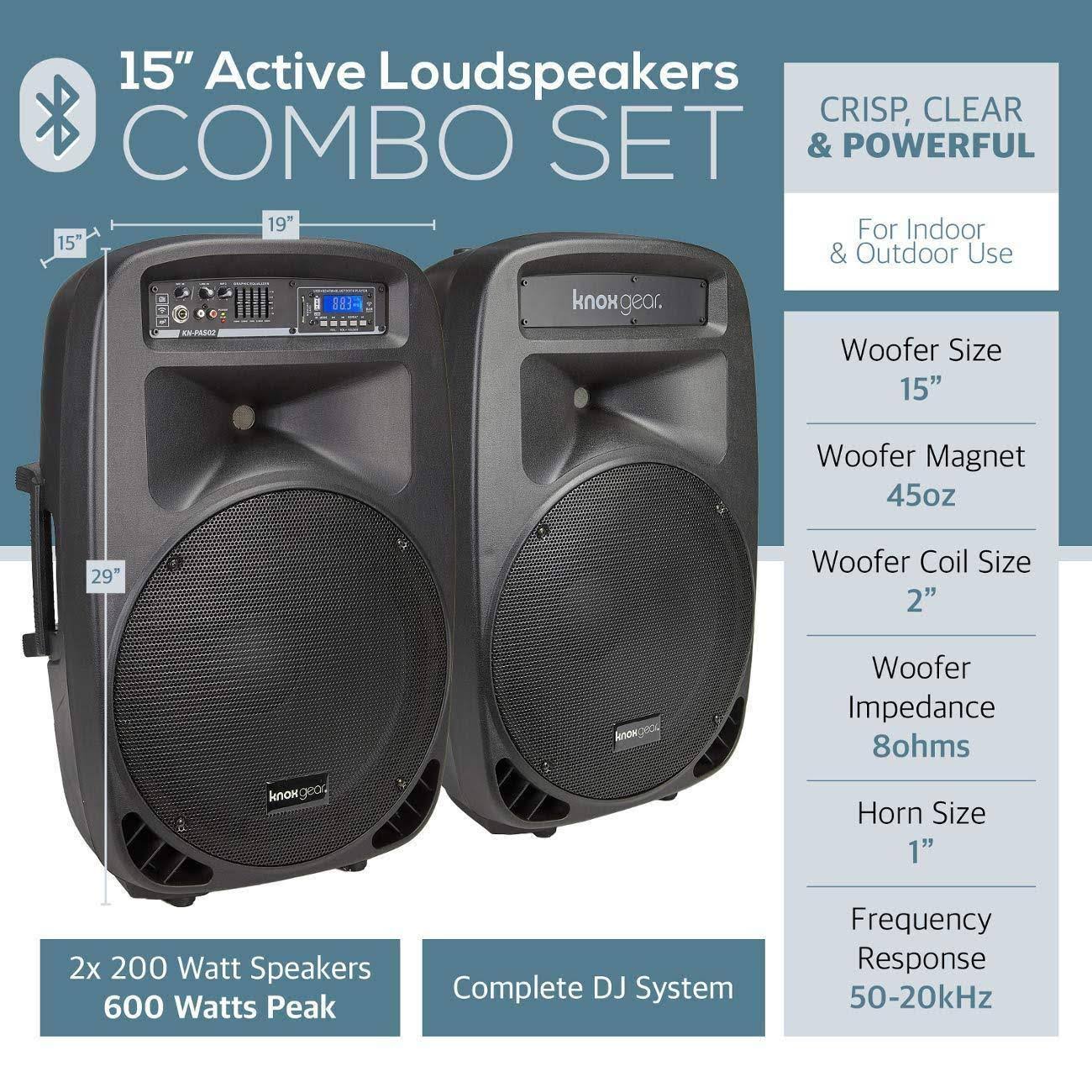 Knox Dual 15x22 Speakers, 600 Watt - 8 Piece Portable PA System - Microphone, Tripods, Remote Control