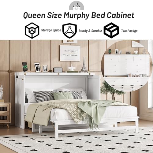 Queen Murphy Bed Cabinet, Murphy Bed Queen with Storage Drawer & Charging Station, USB Port, Solid Pine Wall Beds for Home Office, Studio or Guest Room, White