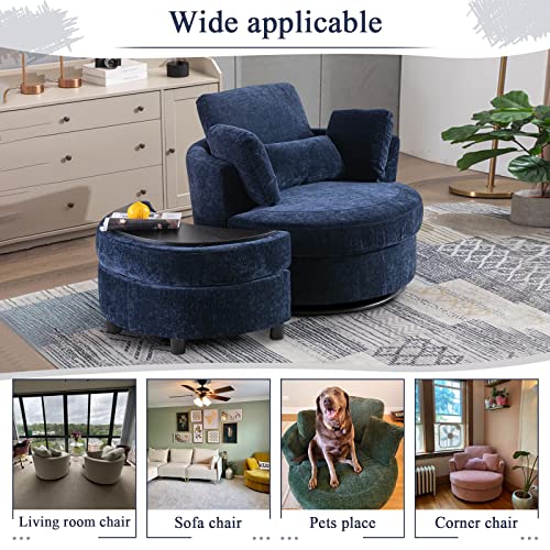 Chair and A Half with Ottoman, 360° Swivel Accent Barrel Chair Modern Comfy Round Reading Sofa Swivel Chairs Circle Lounge Chair for Bedroom Living Room w/4 Pillow Lower Seating Heigh (White, Large)