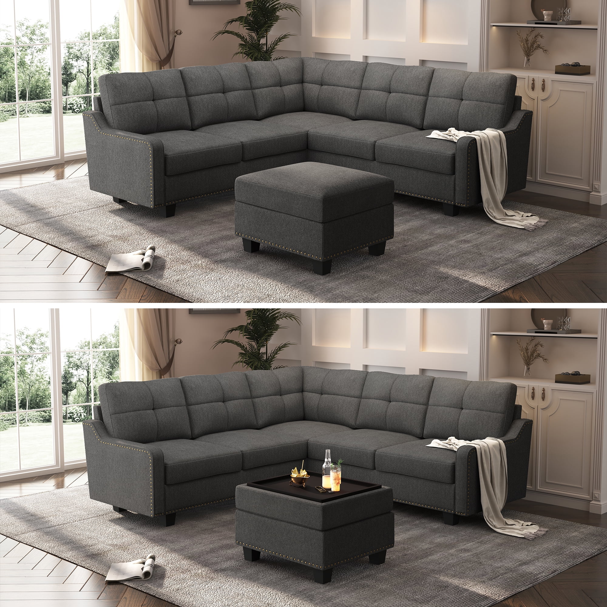 HONBAY Modern Convertible Nailhead Trim Sofa Set with Storage Ottoman, Dark Gray Sofa Set for Living Room - Curated Treasures Market
