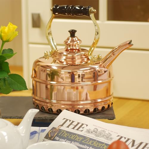 Simplex Tea Kettle, Solid Copper Whistling Tea Kettle for Gas and Electric Stoves, 1.9 Quart Tea Pot with Stay Cool Ergonomic Handle by Newey and Bloomer