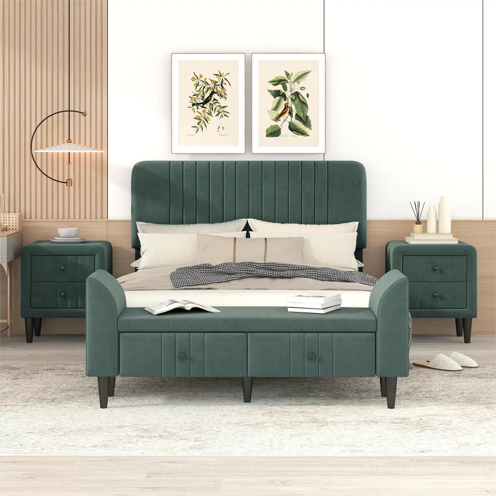 Cosymart 4-Pieces Bedroom Sets Full Size Upholstered Platform Bed With Two Nightstands And Storage Bench-Green