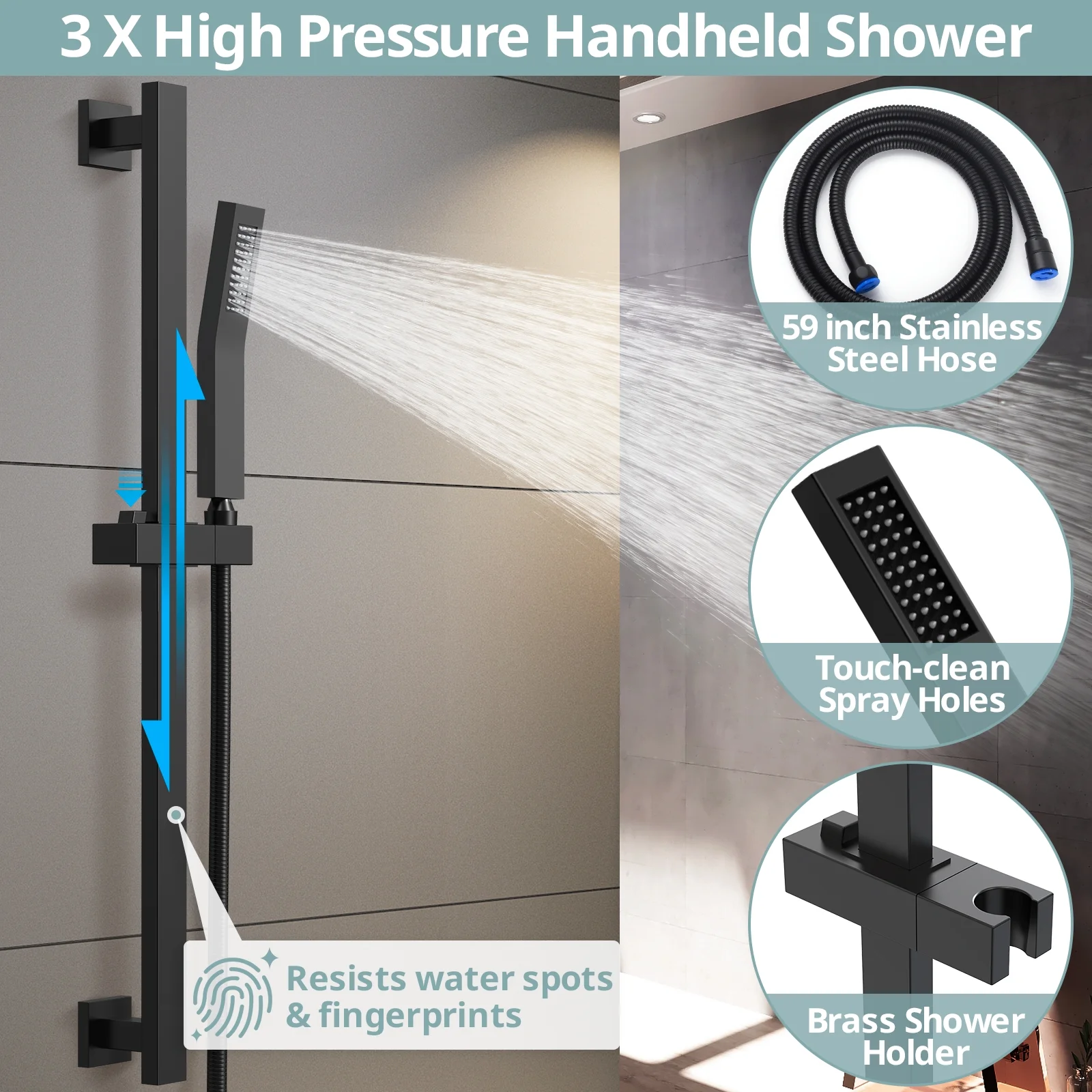 EVERSTEIN Bathroom Shower Faucet Set with Handheld, & Adjustable Slide Bar Wall Mount 10 in. Shower Head Shower System with Balanced Valve Trim Kit CEC 1.8 GPM For CA, Matte Black