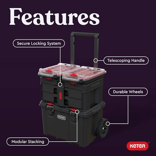 Keter Stack-n-Roll Modular Tools Organizer for Garage Storage and DIY, 3 Piece Resin Rolling Tool Box System for Small Parts, Black