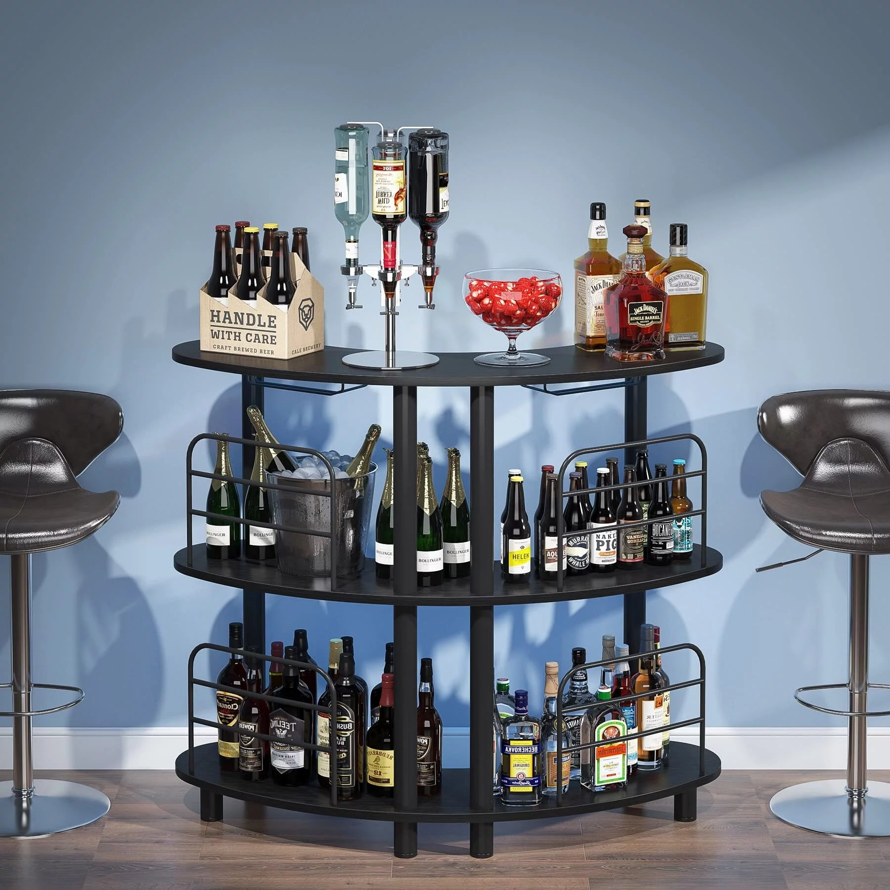 Bar Unit for Liquor, 3 Tier Bar Cabinet with Storage Shelves, Corner Bar Table with Wine Glasses Holder for Home/Kitchen/Bar/Pub Black