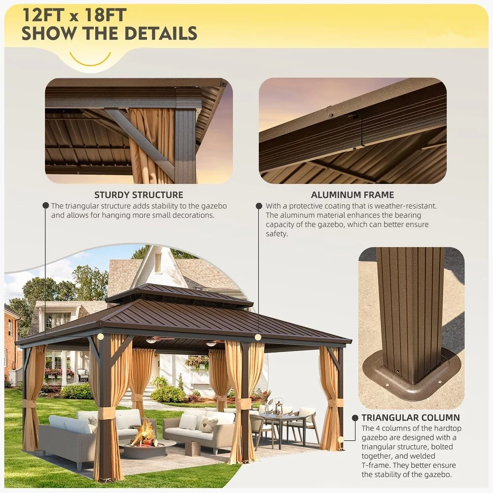 Richryce 12'x18' Hardtop Gazebo with Galvanized Steel Double Roof & Aluminum Frame, Outdoor Gazebo with Premium Curtains and Nettings