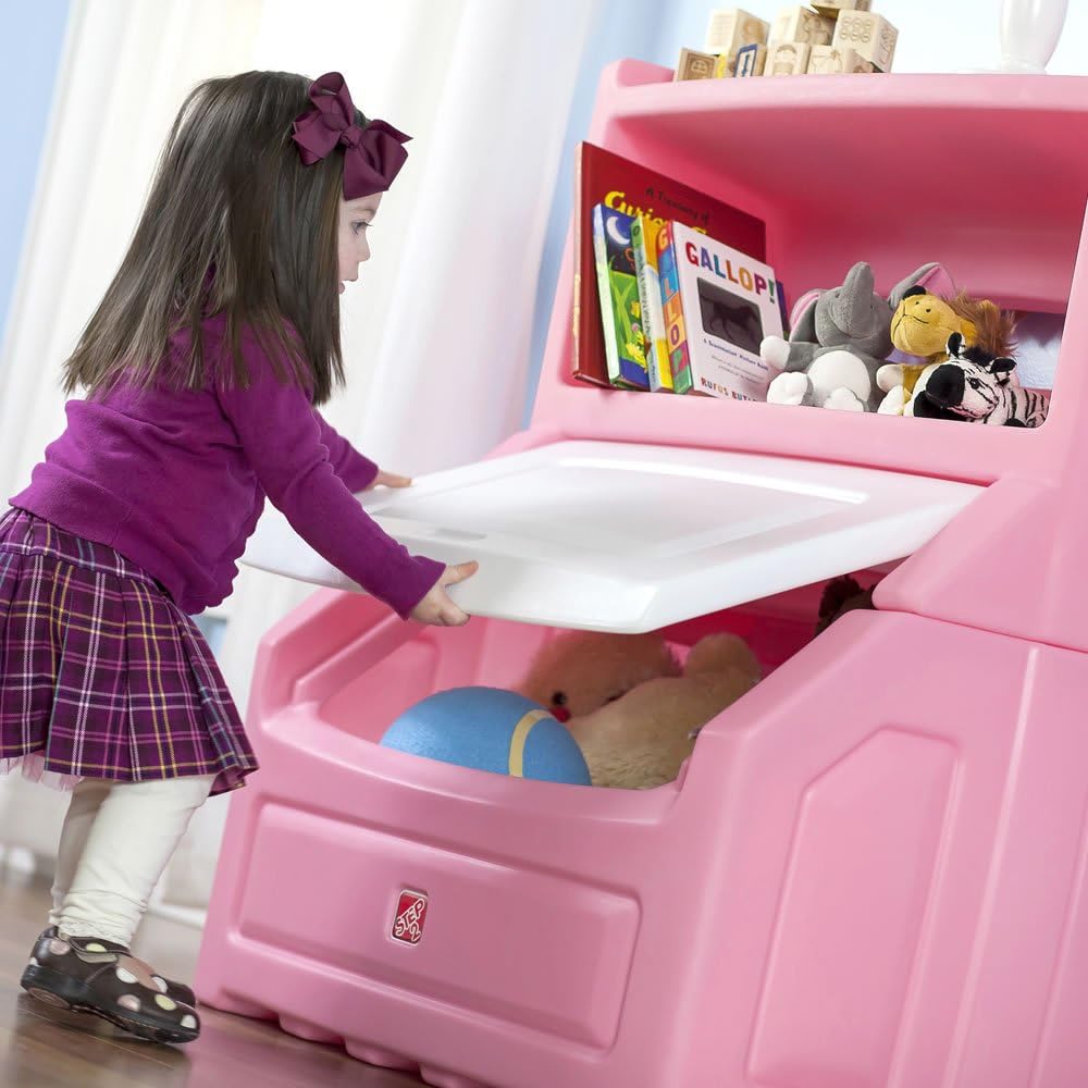 Step2 Lift and Hide Bookcase Toy Box Storage Chest for Kids - Durable Plastic Bookshelf Toys Organizer, Pink