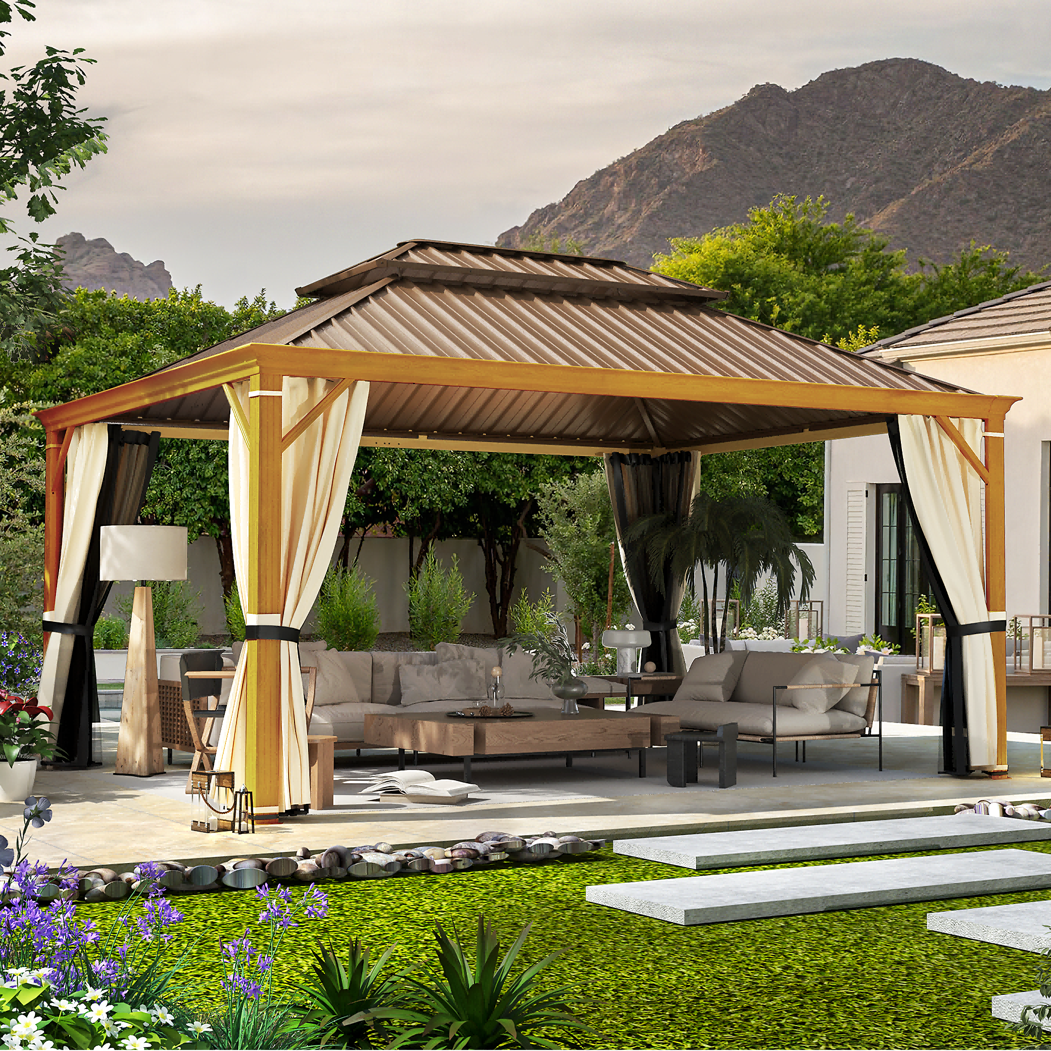Richryce Gazebo 12’x16’W/Steel Double Roof Hardtop Gazebo, Rust Resistant Coated Aluminum Frame Waterproof Pavilion, Curtains & Netting Included Gazebo for Patio Backyard Garden Lawn Parties, Brown