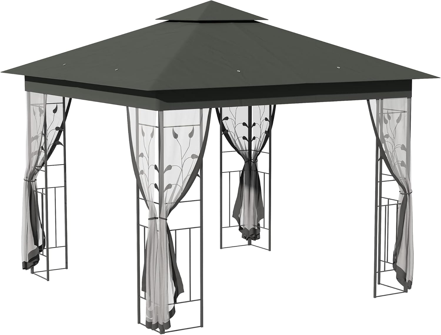 Outsunny 10' x 10' Outdoor Patio Gazebo Canopy with 2-Tier Polyester Roof, Netting, Curtain Sidewalls, and Steel Frame, Grey