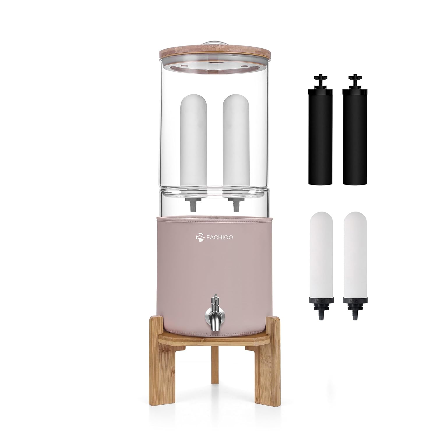 All Glass Gravity-fed Water Filter System, 2.25-Gallon All Glass Water Purifier with 4 Filters (2 Black Filter, 2 Ceramic Filter, 7 Inch Stand, Protective Sleeve), Reduces 99% Chlorine
