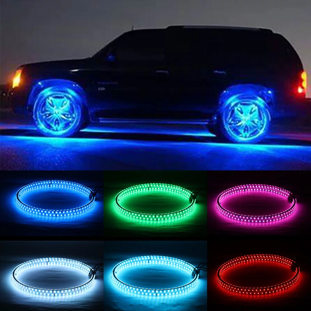 4Pcs 17.5'' Double Row LED Wheel Lights RGB Ring Rim Lamp Fit Car Truck Bluetooth