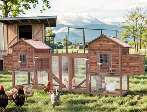 Large Wooden Chicken Coop, 160IN Outdoor Chicken Cages and Run with Nesting Boxes for 2-8 Chickens, Hen Run Poultry Pet House Rabbit Hutch with Waterproof Roof & Removable Tray for Backyard (Two)