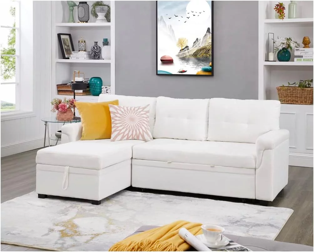 Naomi Home Jenny Sectional Sleeper Sofa - Elegant L-Shaped Couch Convertible Pull-Out Bed, Ample Storage, Timeless Design, Sturdy Construction, Long-Lasting for Modern Living, Velvet, White