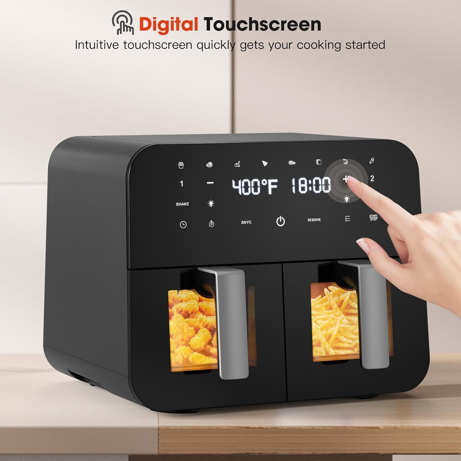 Dual Air Fryer 9 Qt, Dual Basket Air Fryer with Visible Window, Large Double 4.5 Qt Airfryer with Independent Temperature Control, 8-in-1 Functions that Crisps, Broils, Roasts, Dehydrate, Bake, Reheat