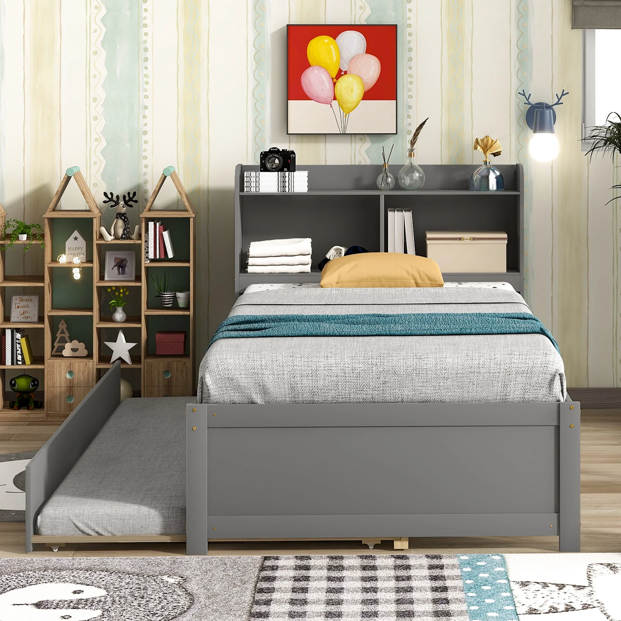 Twin Bed with Storage , Solid Wood Twin Size Bed Frame with 2 Bookcase Headboard , Twin Size Platform Bed with Trundle,Bookcase,Grey