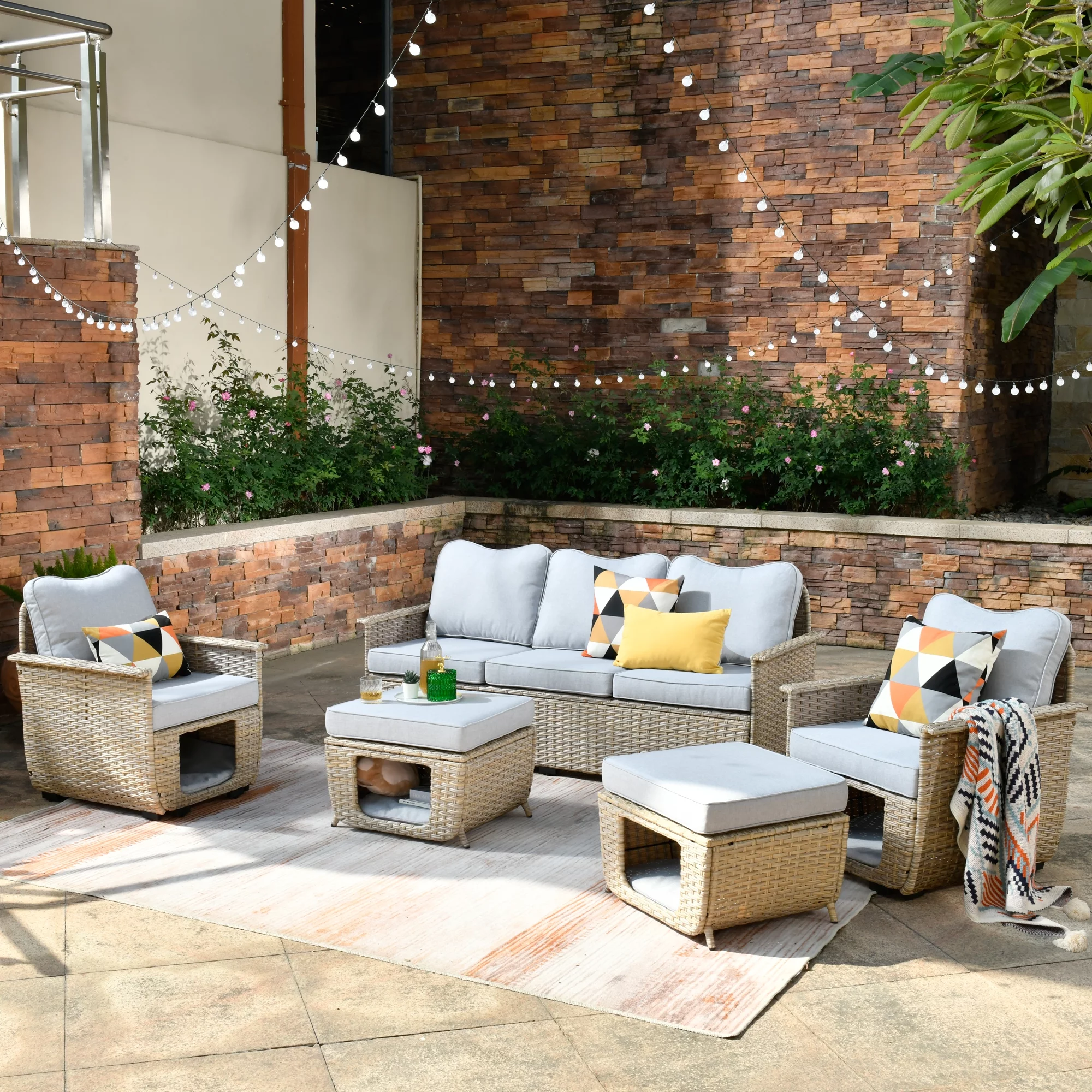 Ovios 5 Pieces Outdoor Furniture All Weather Wicker Patio Conversation Sectional Sofa Set with Storage Box for Garden Backyard