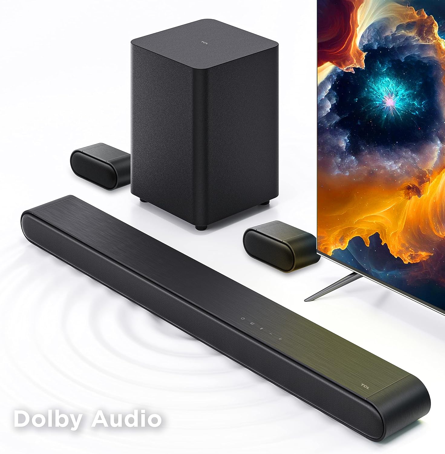 TCL 5.1ch Sound Bar with Wireless Subwoofer (S4510, 2023 - Model), Built-in Center Channel, 2 Rear Surround Sound Speakers, Dolby Audio, DTS Virtual:X, Bluetooth, Wall Mount / HDMI cable included