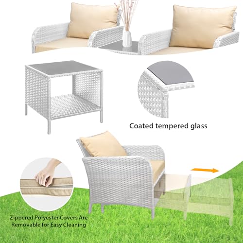 LEVELEVE Balcony Furniture 5 Piece Patio Conversation Set, PE Wicker Rattan Outdoor Lounge Chairs with Soft Cushions 2 Ottoman&Glass Table for Porch, Lawn-Brown Wicker