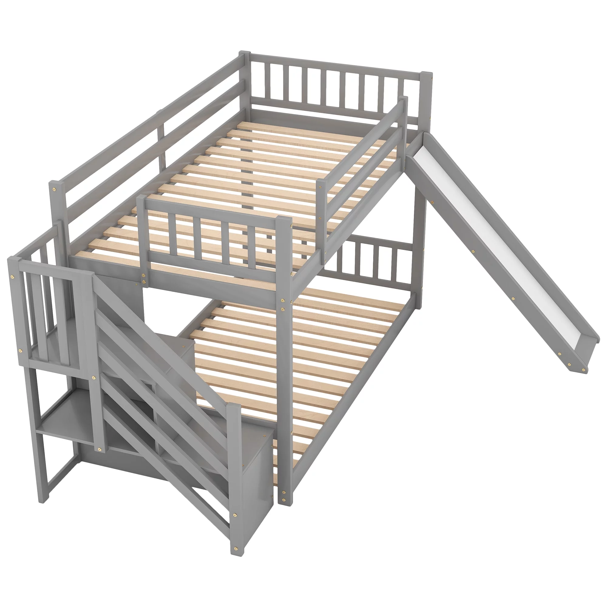 THINK 30,Solid Wood Twin Over Twin Bunk Bed with Convertible Slide and Stairway, Low Bunk Bed with Storage Space Multifunctional Design, Gray