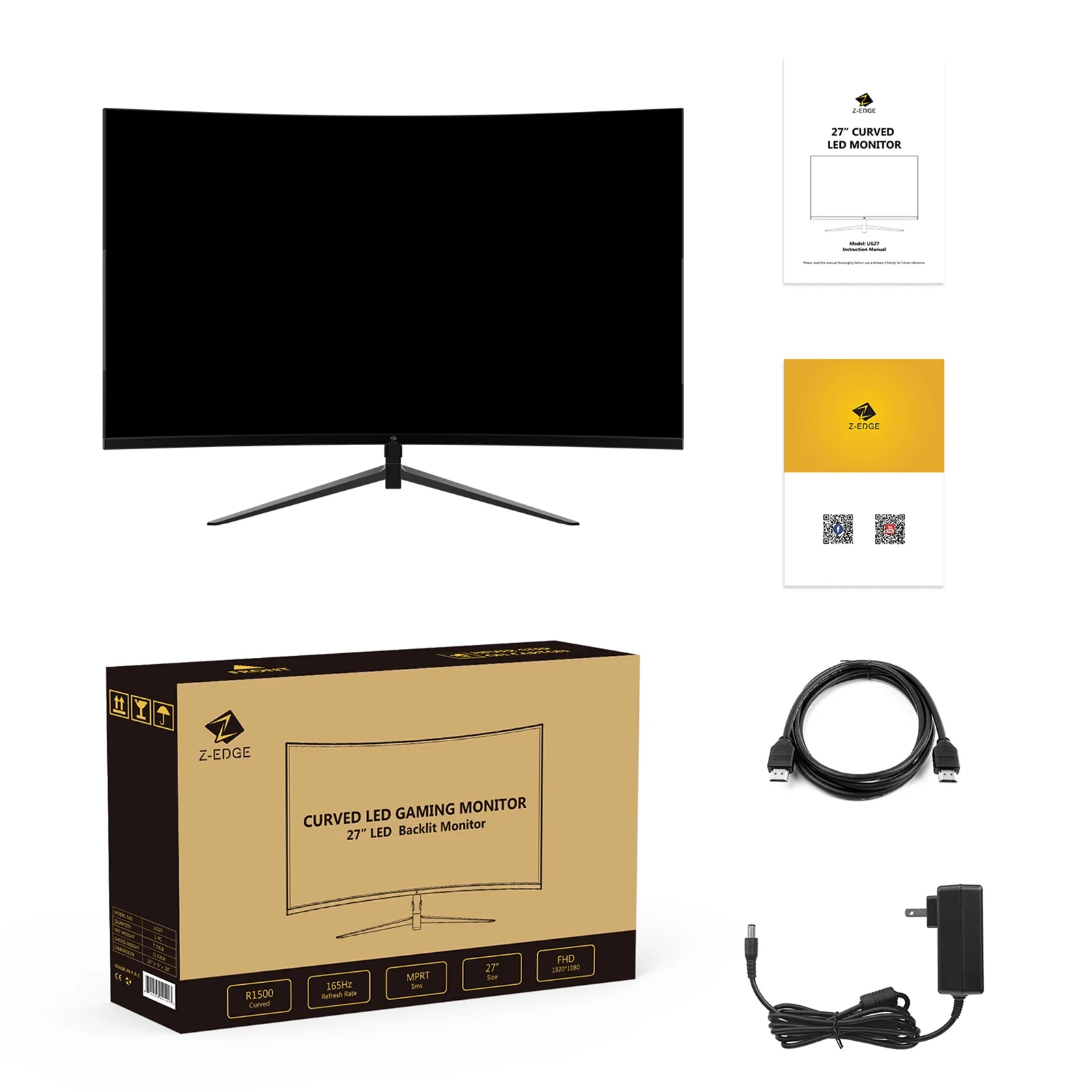 Z-EDGE UG27 27-Inch LED Curved Gaming Monitor 200Hz(DP) 144Hz(HDMI) 1ms Full HD 1920x1080 HDMI DP Port