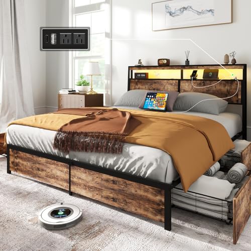SADENICEL Queen Bed Frame with Storage Headboard and 4 Drawers, Metal Platform Bed Frame with LED Light, Charging Station, No Box Spring Needed, Noise Free, Easy Assembly, Vintage Brown