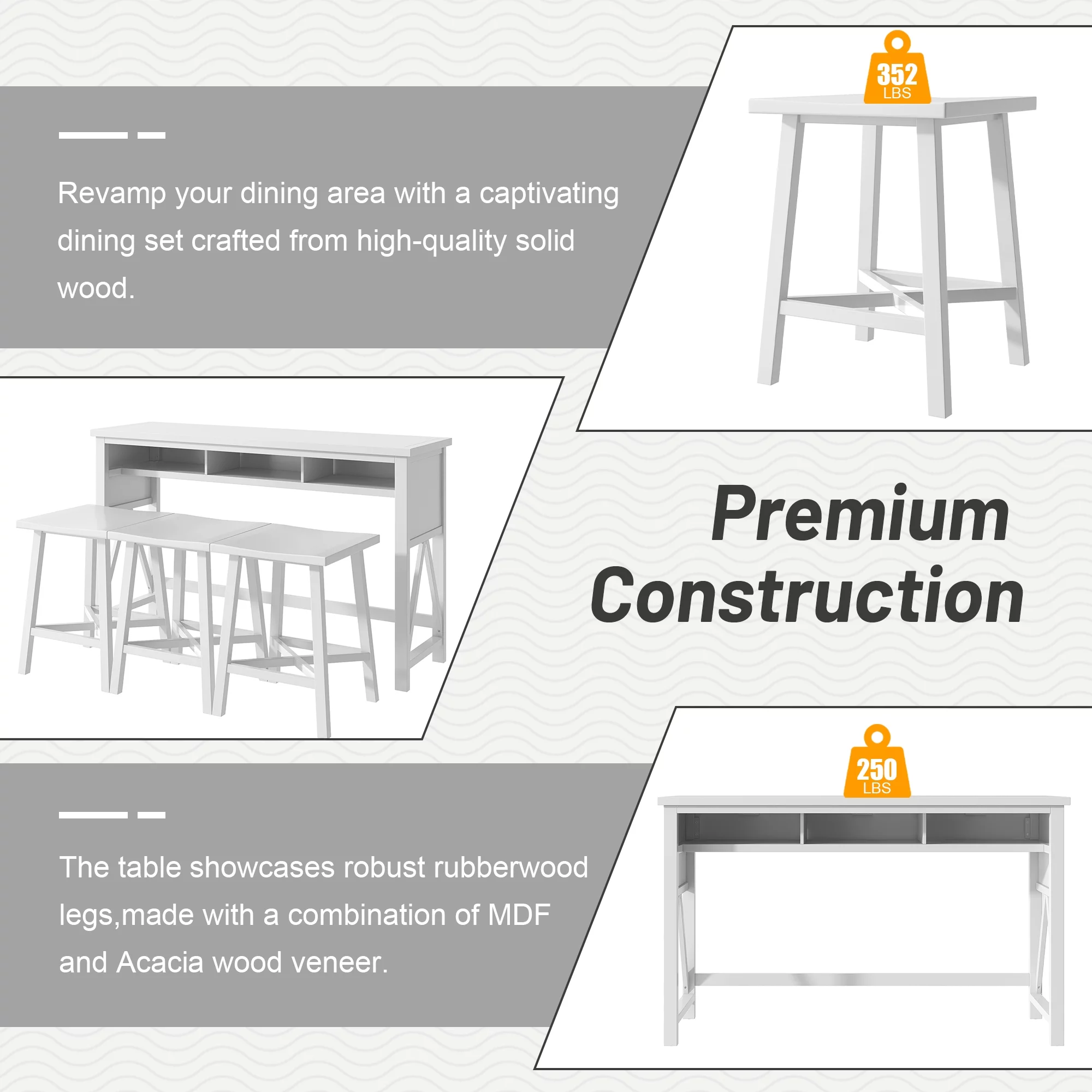 4-Piece Bar Table with Stools, Farmhouse Pub Table Set, Counter Height Dining Table Set with Functional Storage, 60” Kitchen Bar Table with 3 Stools for Small Space, White
