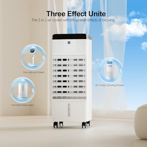 Uthfy Evaporative Air Cooler, 3 In 1 Swamp Cooler with 6 Ice Packs, Remote, 12H Timer, Portable Evaporative Cooler with 70° Oscillation, 3 Speeds, 3 Modes