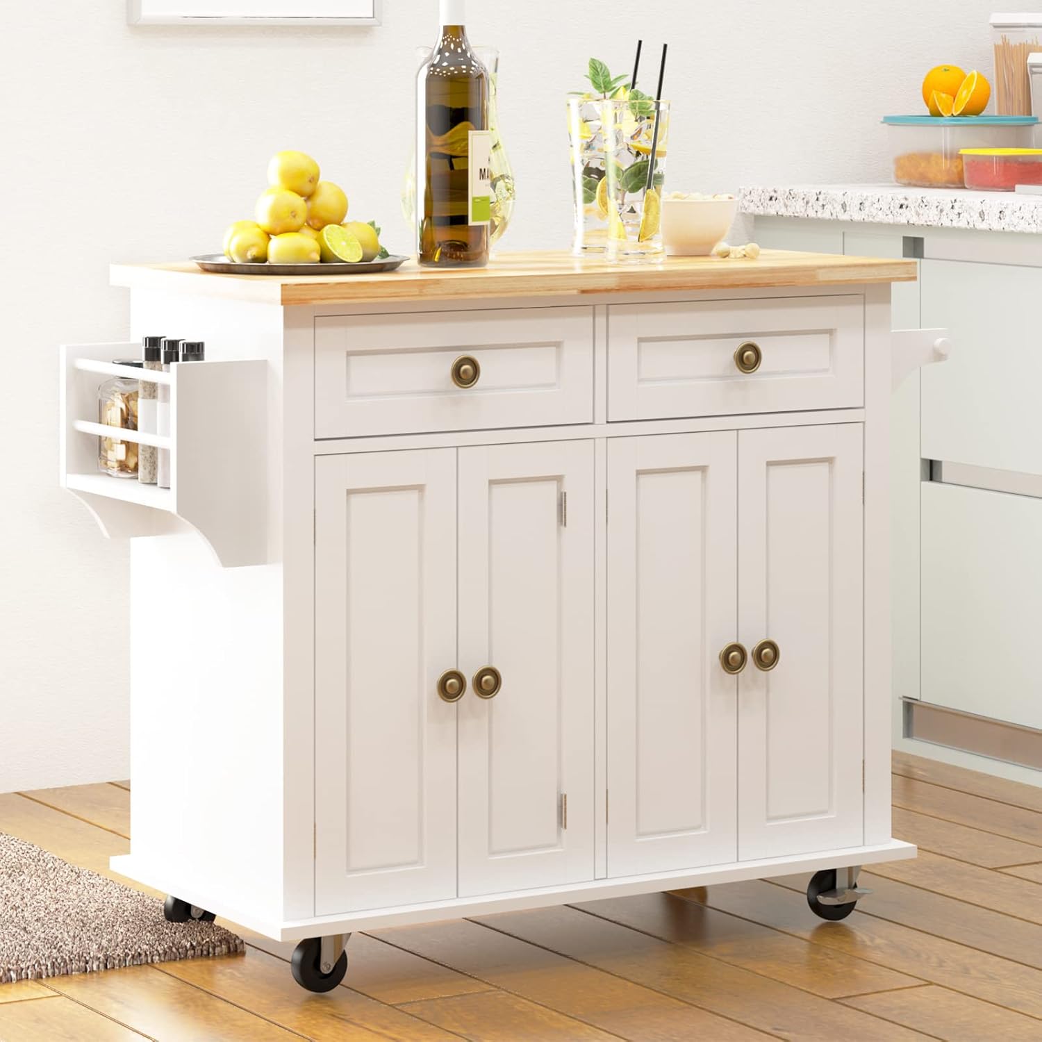 soges Rolling Kitchen Island Cart with Storage, Wood Trolley Cart with Spice and Towel Rack, Mobile Kitchen Storage Cabinet Island Table on Wheels, Serving Cart with Cabinet and Drawers,FZSR-HT01WT