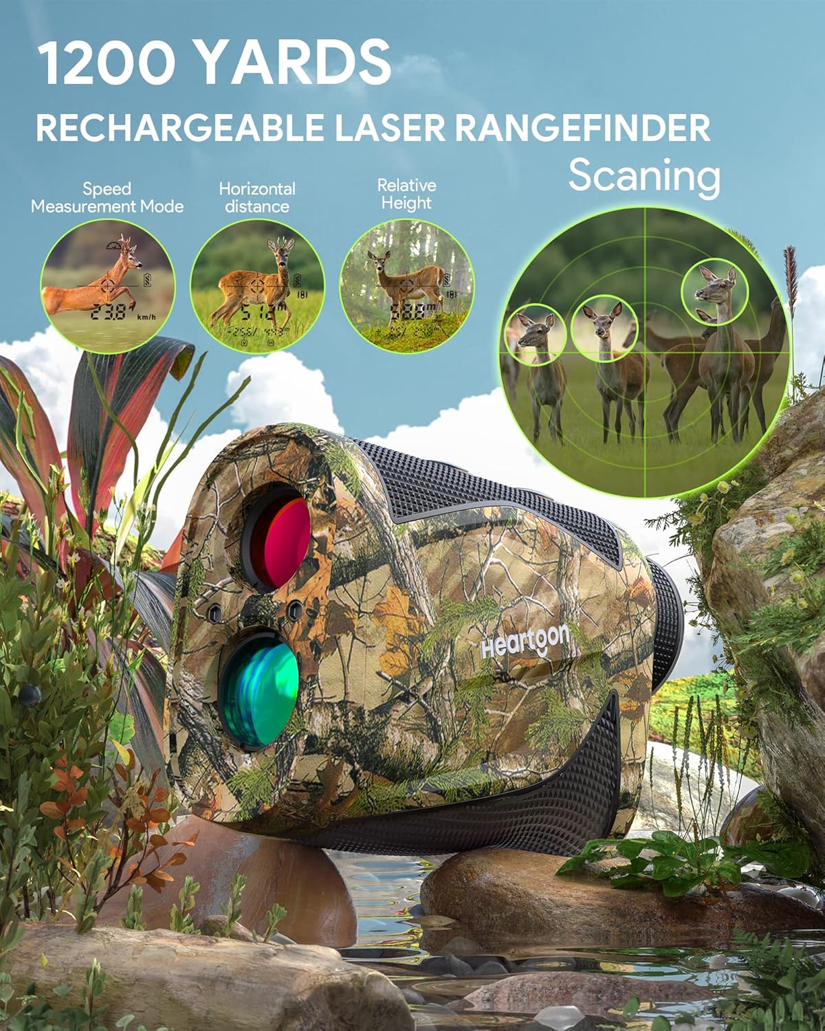 Hunting Rangefinder, Heartgon 1200 Yards Rechargeable Rangefinder for Hunting, 6X Magnification, High-Precision Continuous Scan/Distance/Angle/Speed Waterproof Bowhunting Rangefinder