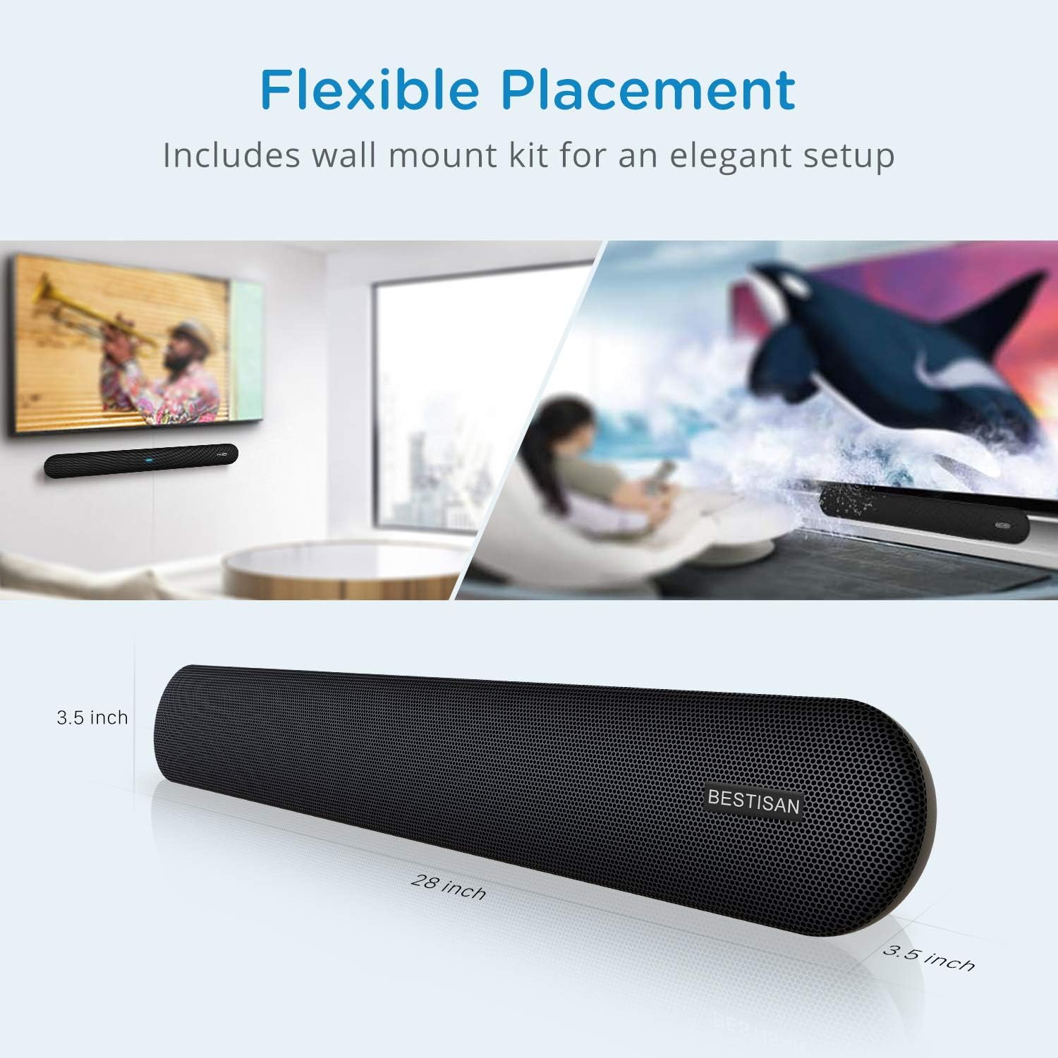 Soundbar, BESTISAN 80 Watts TV Sound Bar Home Theater Speaker with HDMI, Optical, RCA, AUX Port, Bluetooth 5.0, Movie/Music/Dialogue Audio Mode, Enhanced Bass Technology, Bass Adjustable, 2022 Version